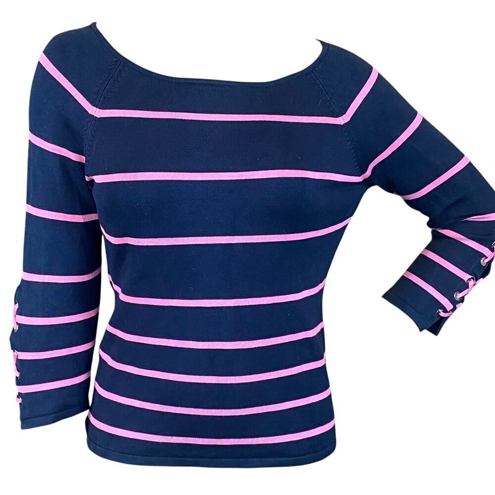 Carlisle Silk Blend Boat-Neck Striped Knit Top Sz L Navy Pink #288M - Picture 1 of 7